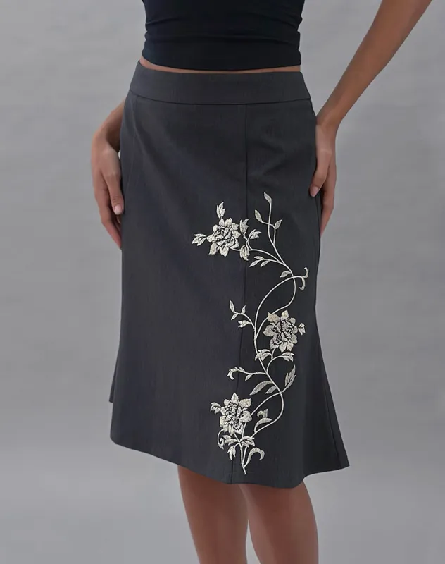 Sepzhi Midi Skirt in Vine Flower Embroidered Dark Charcoal sold by Motel Rocks