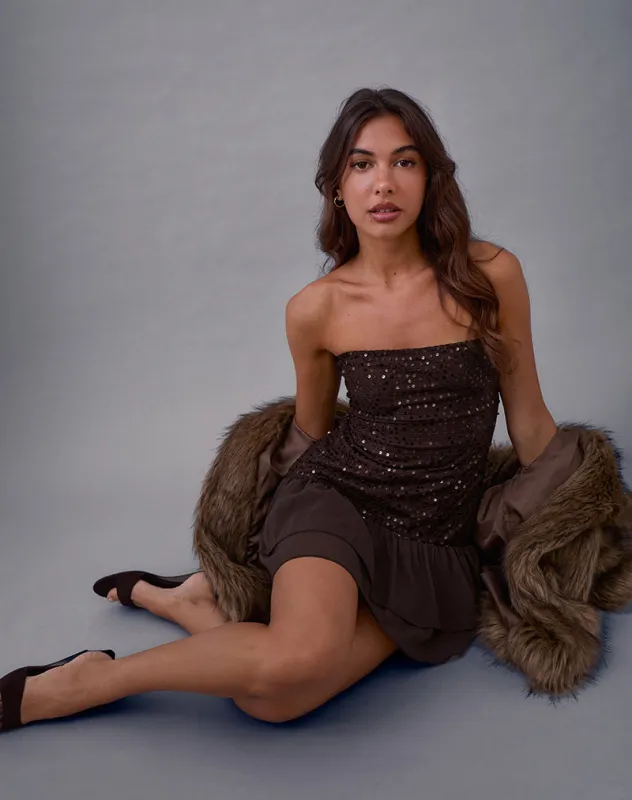 Tinosa Corset Dress in Ruffle Sequin Brown sold by Motel Rocks