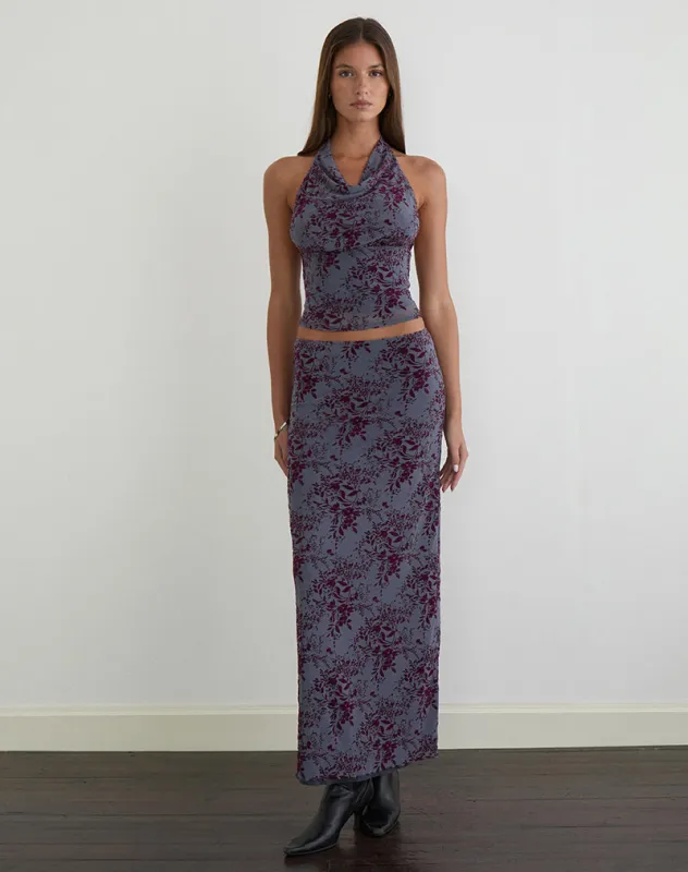 Alfreda Maxi Skirt in Fine Leaf Flock Smoke Grey sold by Motel Rocks