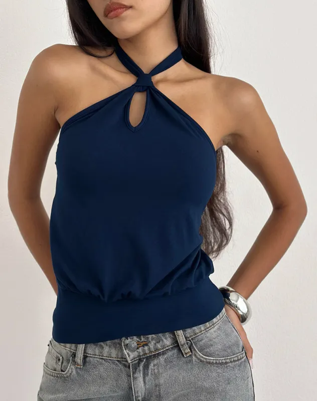 Giunea Knot Halter Top in Navy sold by Motel Rocks