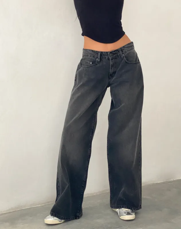 Roomy Extra Wide Low Rise Jeans in Washed Black Grey sold by Motel Rocks