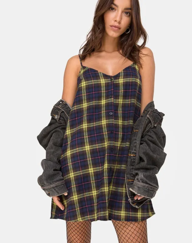 Sanna Slip Dress in Plaid Brown Yellow Check sold by Motel Rocks