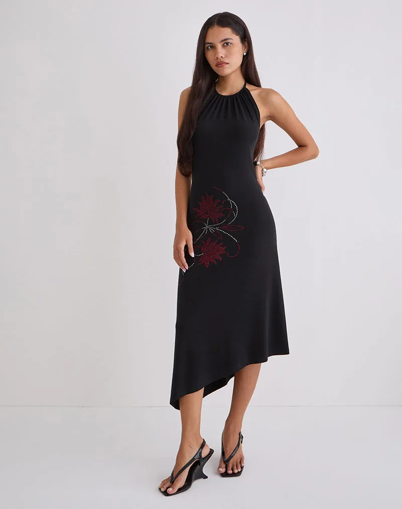 Zavine Midi Dress in Cupro Diamante Flower Black sold by Motel Rocks