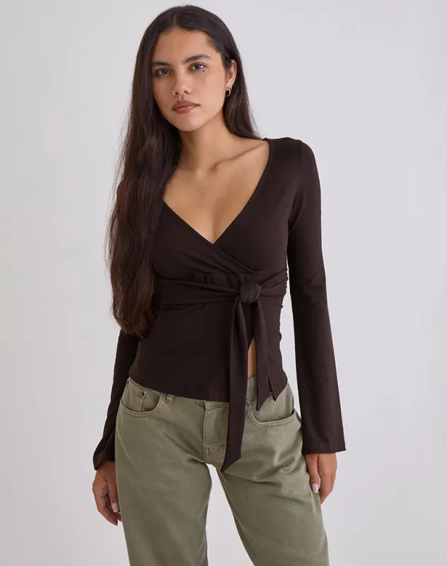 Lamae Wrap Top in Bitter Chocolate sold by Motel Rocks