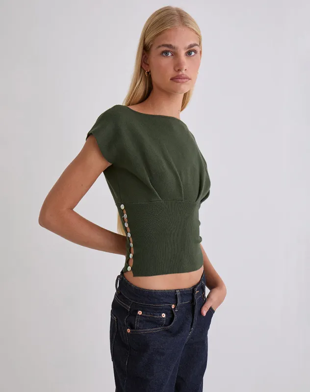Elin Top in Knit Khaki with Pearl Buttons sold by Motel Rocks