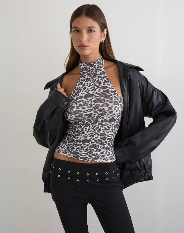 Galile High Neck Top in Jersey Blurry Leopard Grey sold by Motel Rocks