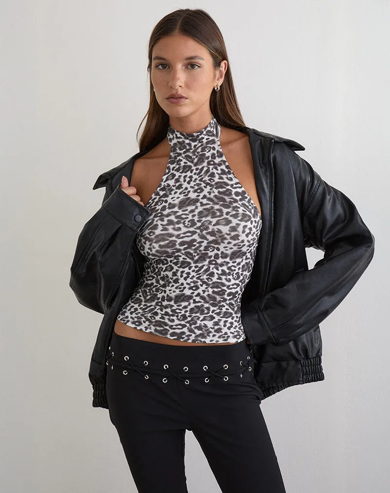 Galile High Neck Top in Jersey Blurry Leopard Grey sold by Motel Rocks