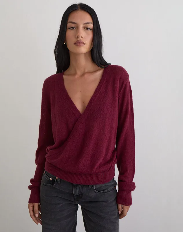 Saroya Plunge Wrap Top in Knit Wine sold by Motel Rocks