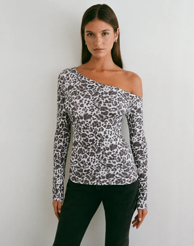 Matiah Off Shoulder Top in Jersey Blurry Leopard Grey sold by Motel Rocks