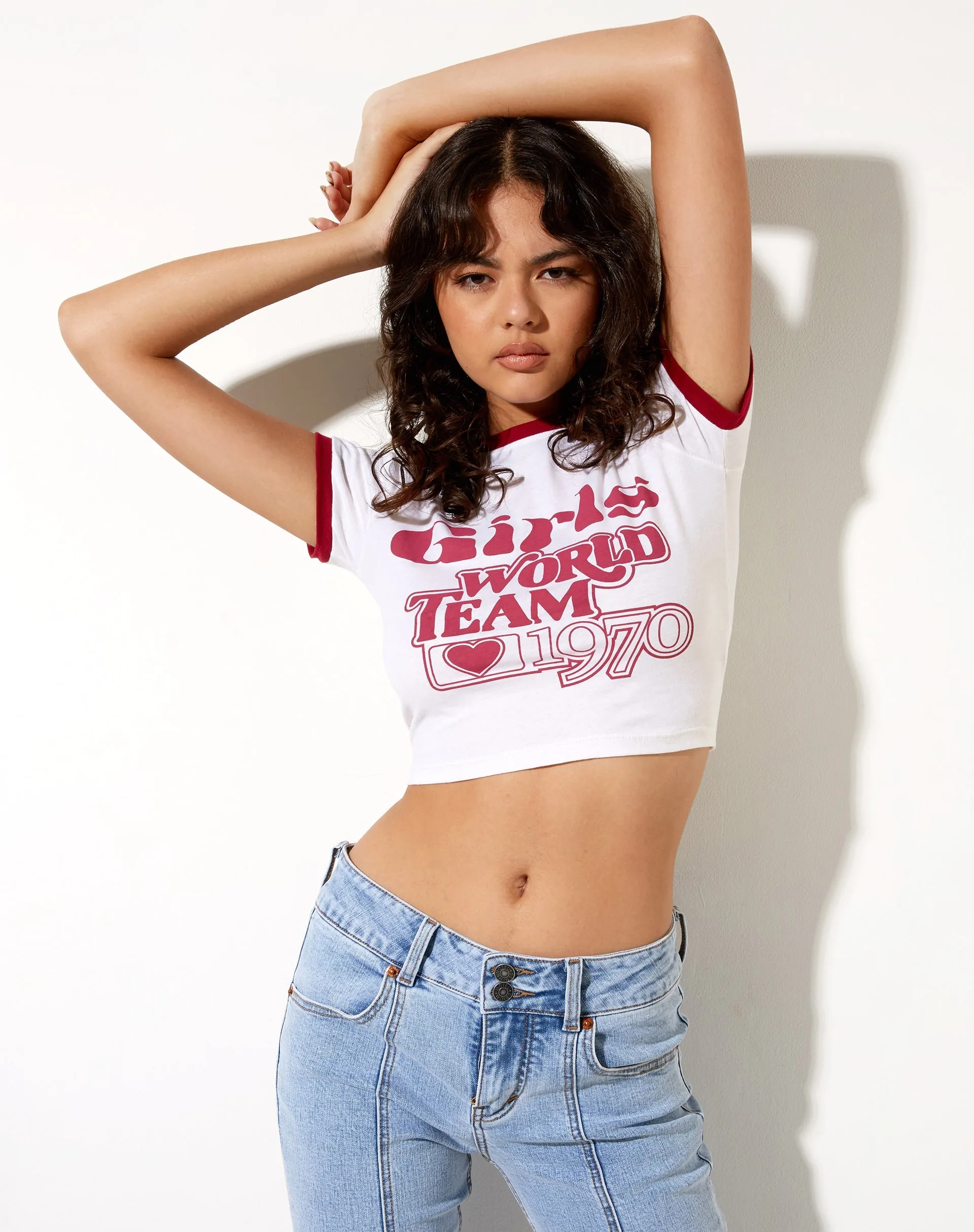 Ringer Tee in Ivory Bind Red Adrenaline Girls World Team sold by Motel Rocks