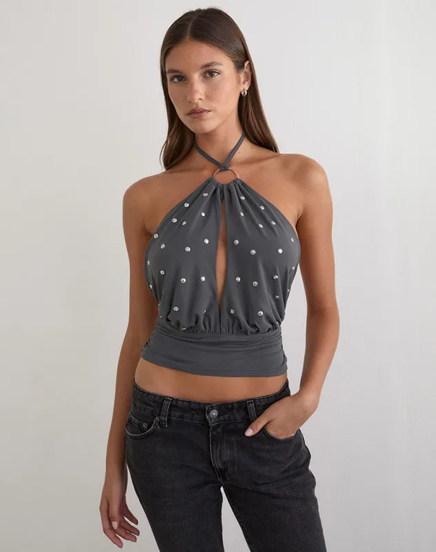 Karise Plunge Top in Cupro Charcoal Grey made by Motel Rocks