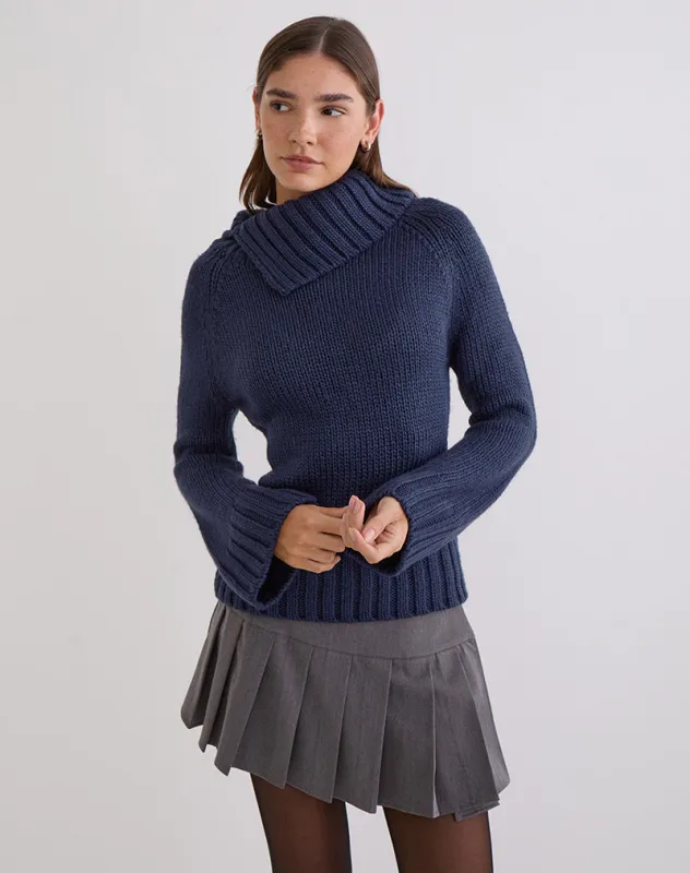 Dajah Fold Over Jumper in Knit Navy sold by Motel Rocks