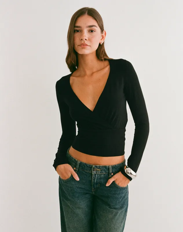 Sheon Long Sleeve Top in Rib Black sold by Motel Rocks
