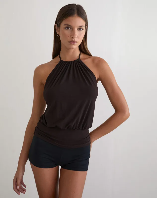 Diraka High Neck Top in Rayon Jersey Chocolate Brown made by Motel Rocks