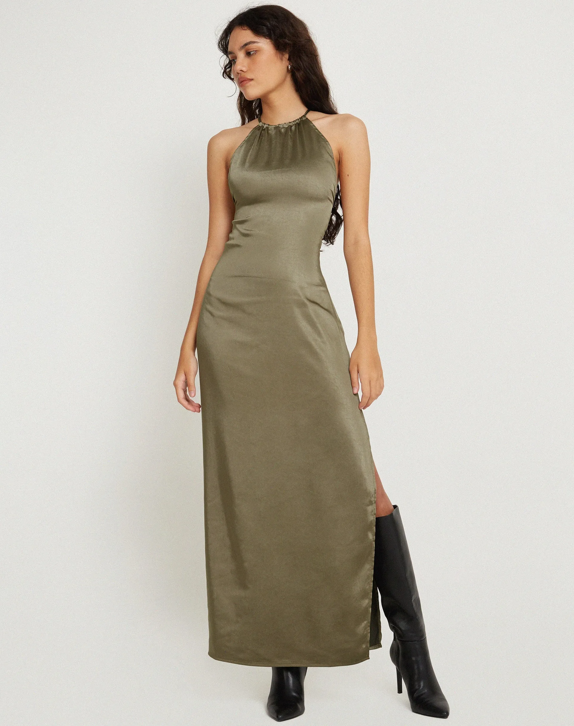Salazar Halter Neck Maxi Dress in Satin Dark Olive sold by Motel Rocks