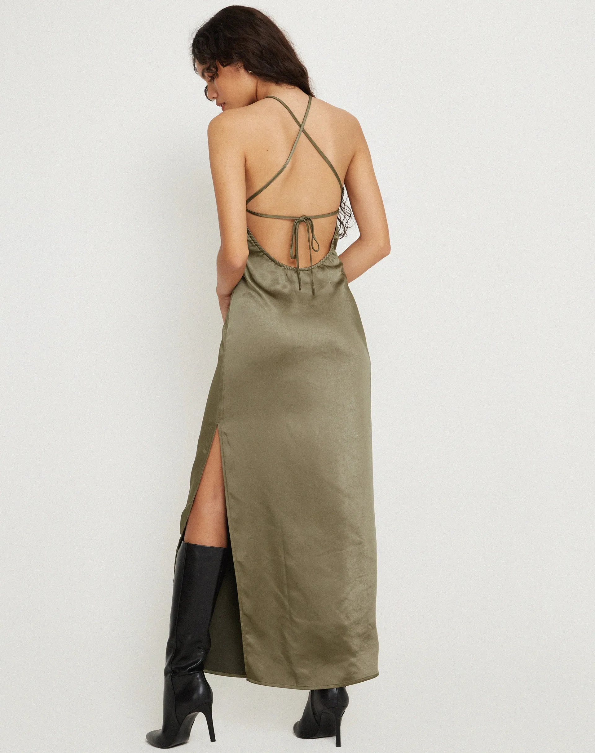 Salazar Halter Neck Maxi Dress in Satin Dark Olive sold by Motel Rocks product image thumbnail 4