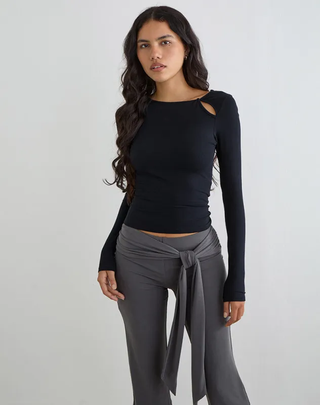 Kalais Long Sleeve Twisted Neckline Top in Black made by Motel Rocks