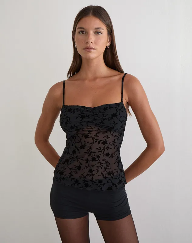 Fierza Cami Top in Pretty Petal Flock Black sold by Motel Rocks