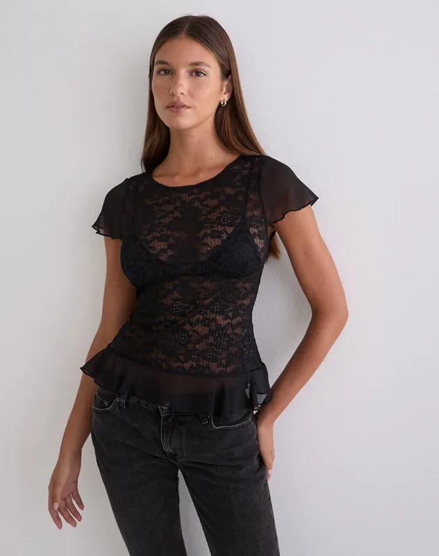 Roselani Ruffle Hem Top in Lace Black sold by Motel Rocks