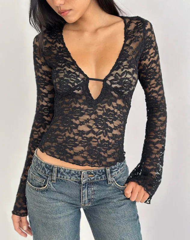 Mahota Deep Plunge Long Sleeve Top in Lace Black made by Motel Rocks