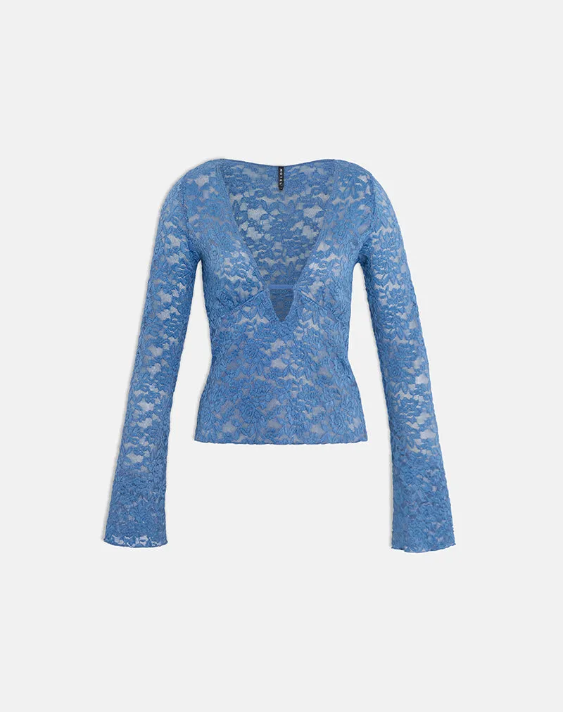 Mahota Deep Plunge Long Sleeve Top in Dark Blue Lace sold by Motel Rocks product image thumbnail 4