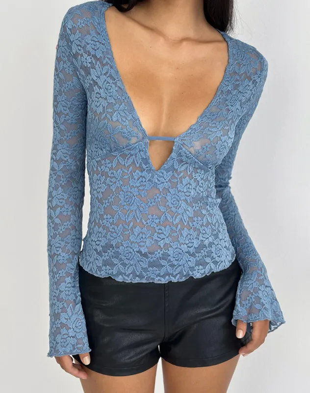 Mahota Deep Plunge Long Sleeve Top in Dark Blue Lace made by Motel Rocks