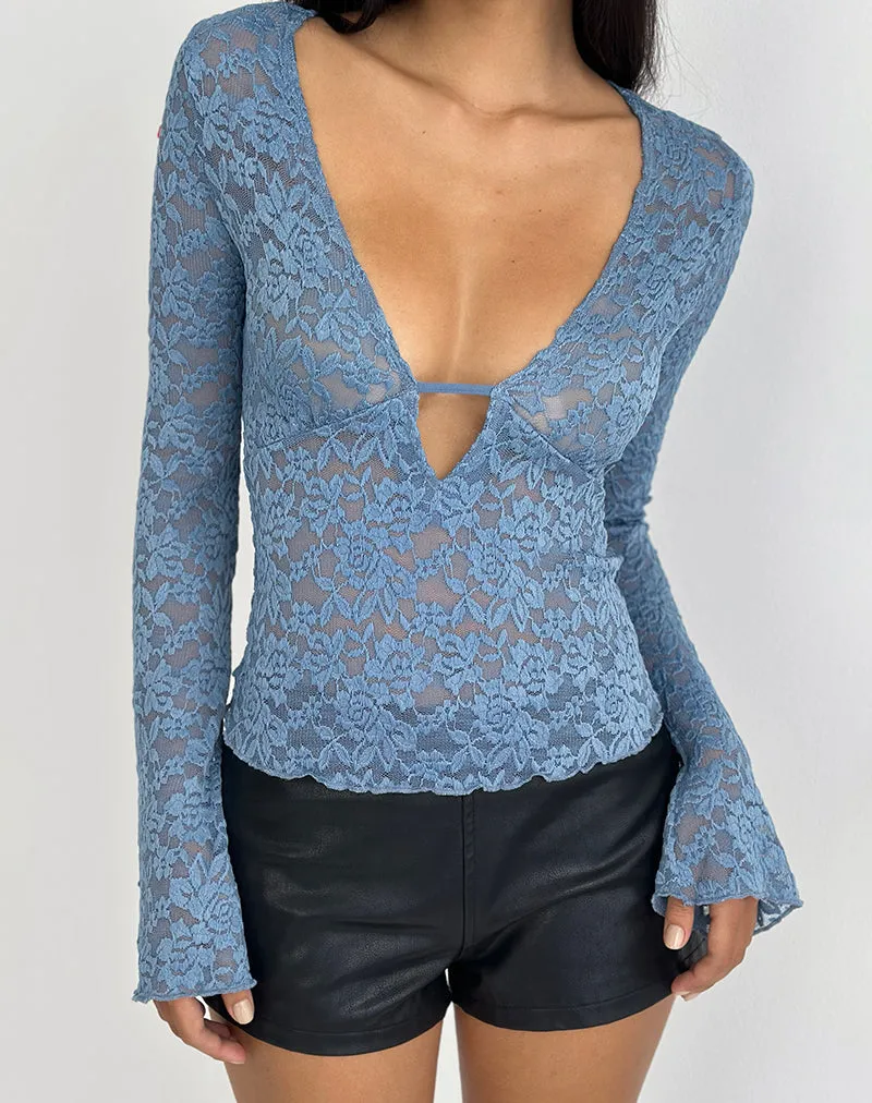 Mahota Deep Plunge Long Sleeve Top in Dark Blue Lace sold by Motel Rocks