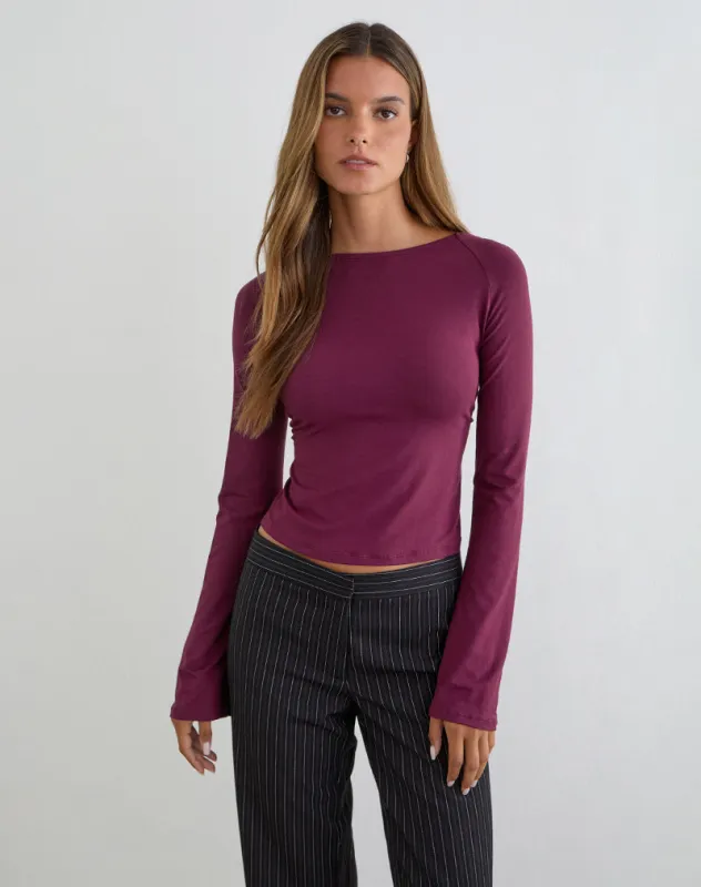 Muzan Long Sleeve Top in Ribbed Jersey Deep Purple made by Motel Rocks