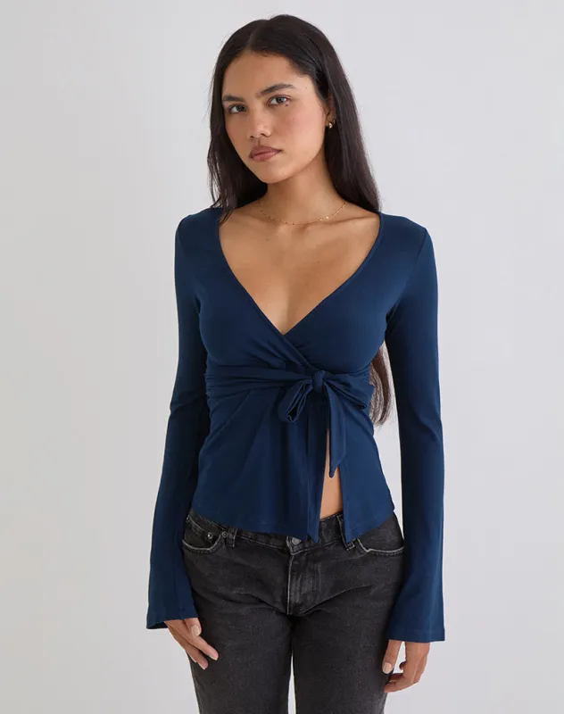 Lamae Wrap Top in Navy sold by Motel Rocks