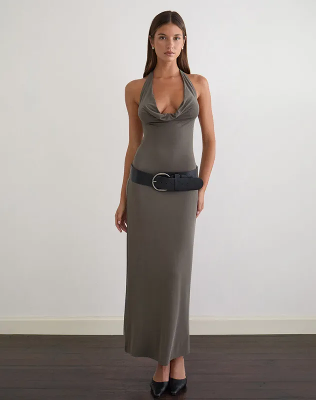 Zarya Maxi Dress in Cupro Grey Khaki made by Motel Rocks