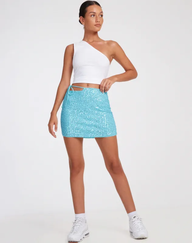 Samini Mini Skirt in Drape Sequin Blue made by Motel Rocks