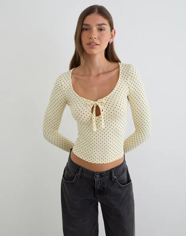 Kline Long Sleeve Tie Front Top in Rayon Jersey Micro Polka Cream made by Motel Rocks