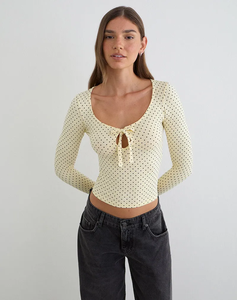 Kline Long Sleeve Tie Front Top in Rayon Jersey Micro Polka Cream sold by Motel Rocks