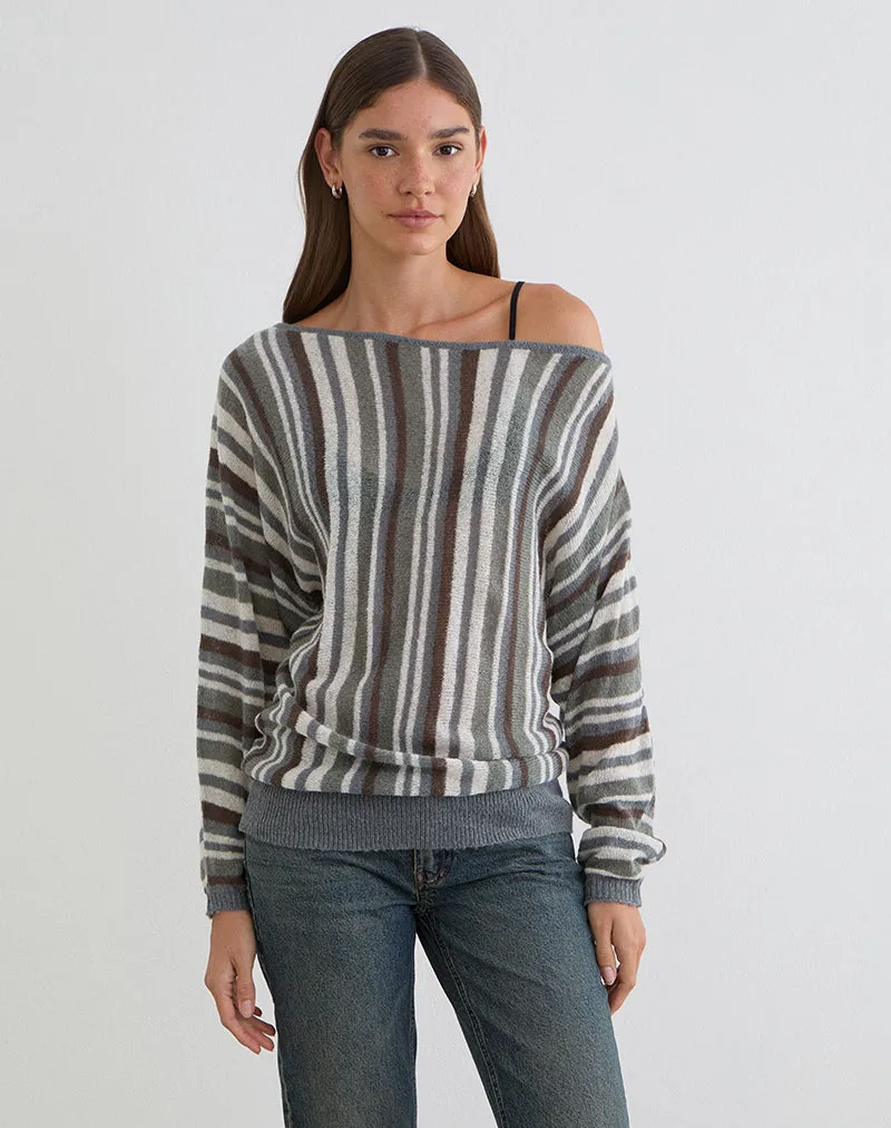 Monara Off Shoulder Knit Top in Big Stripe Grey sold by Motel Rocks