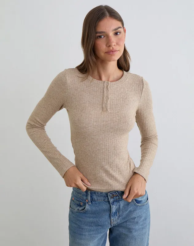 Zinta Long Sleeve Button Up Top in Rib Knit Oat made by Motel Rocks