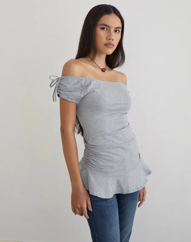 Kanao Bardot Frill Top in Grey Marl made by Motel Rocks