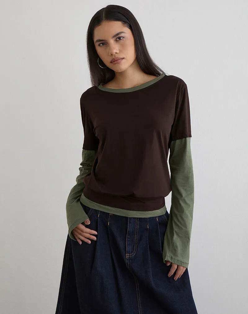Enidy Long Sleeve Top in Jersey Chocolate and Khaki Combo sold by Motel Rocks