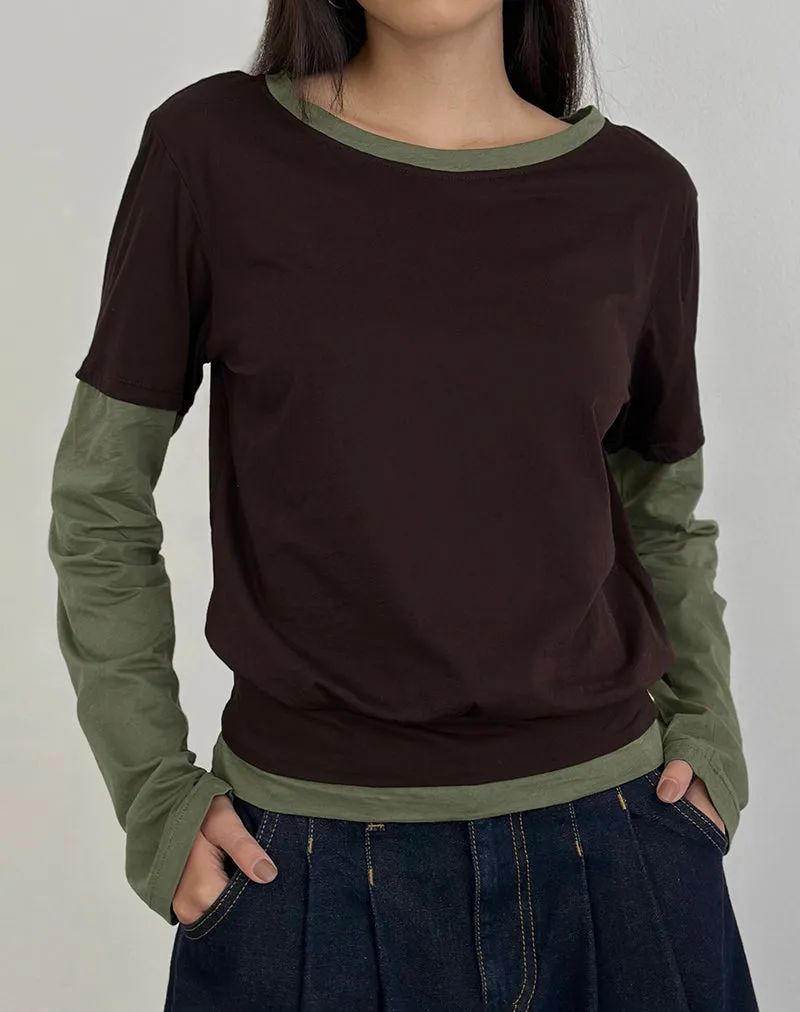 Enidy Long Sleeve Top in Jersey Chocolate and Khaki Combo sold by Motel Rocks product image thumbnail 2