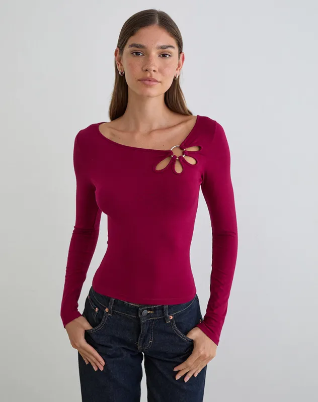 Donela Long Sleeve Top with Flower Ring in Burgundy sold by Motel Rocks
