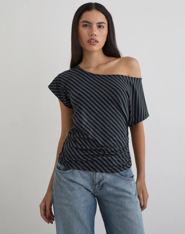 Danama One Shoulder Top in Oblique Stripe Ocean Storm made by Motel Rocks