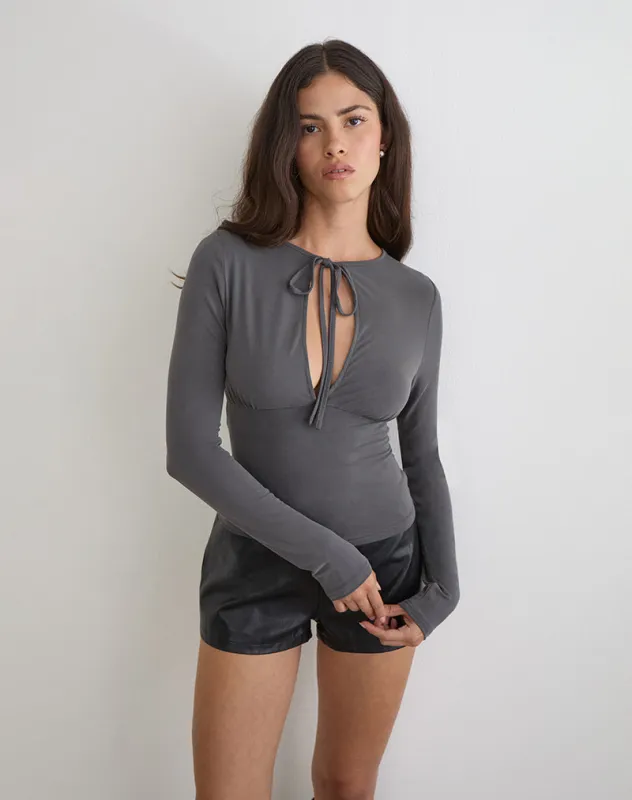 Yubin Keyhole Long Sleeve Top in Cupro Charcoal Grey made by Motel Rocks