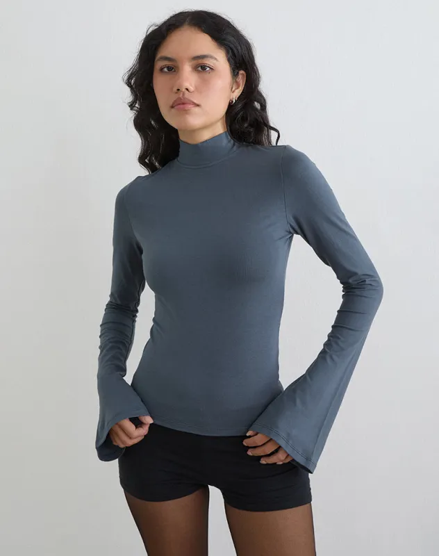 Nell High Neck Long Sleeve Top in Jersey Ocean Storm made by Motel Rocks