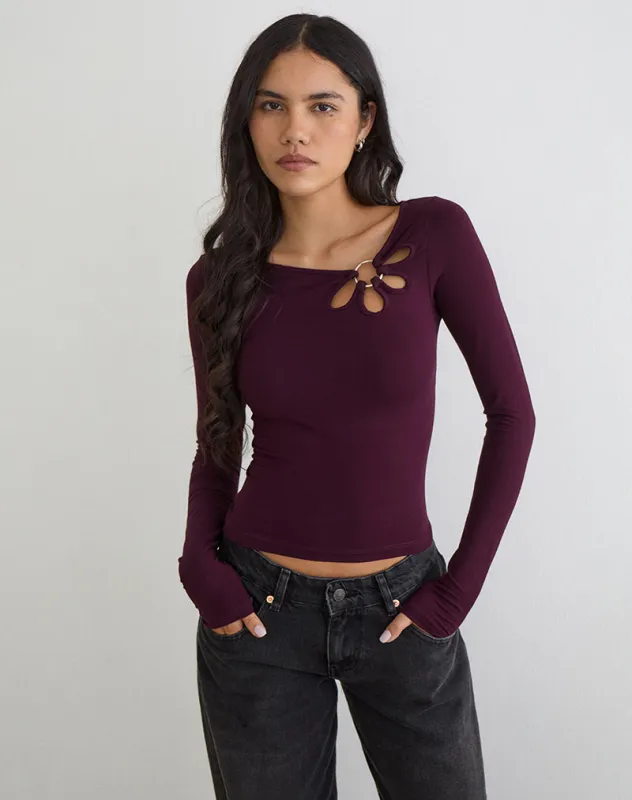 Donela Long Sleeve Top with Flower Ring in Redwood sold by Motel Rocks