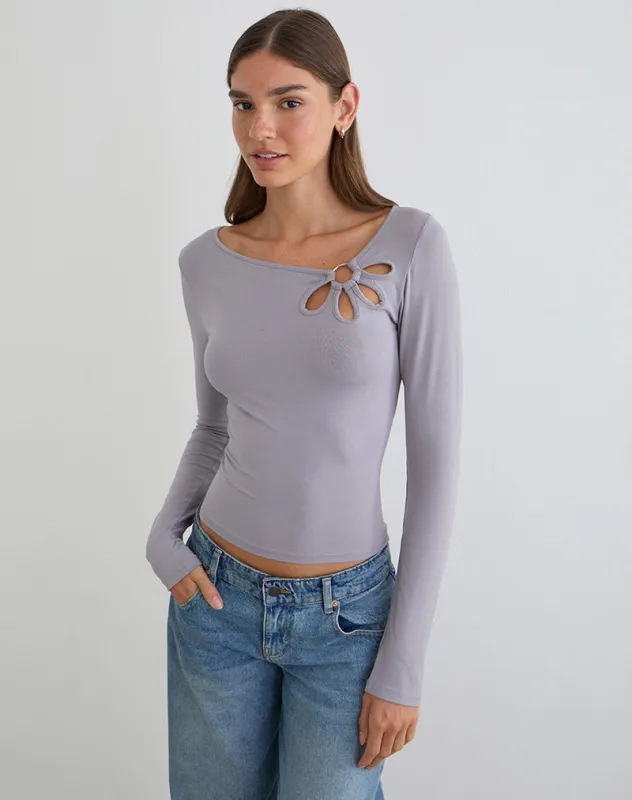 Donela Long Sleeve Top with Flower Ring in Lilac Grey sold by Motel Rocks