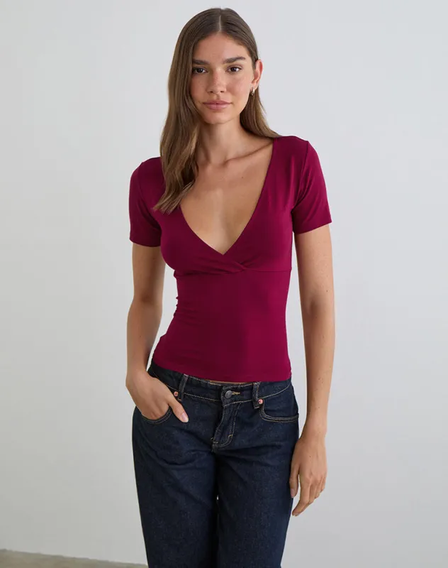 Lobos Crossover Top in Rayon Jersey Burgundy sold by Motel Rocks
