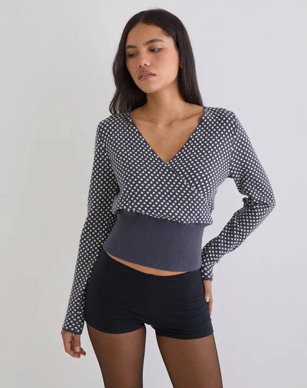 Josina Top in Knit Compact Polka Grey and Ivory sold by Motel Rocks