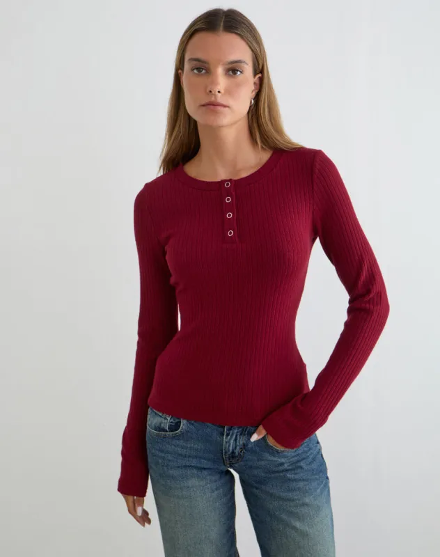 Zinta Long Sleeve Button Up Top in Rib Knit Dark Maroon made by Motel Rocks
