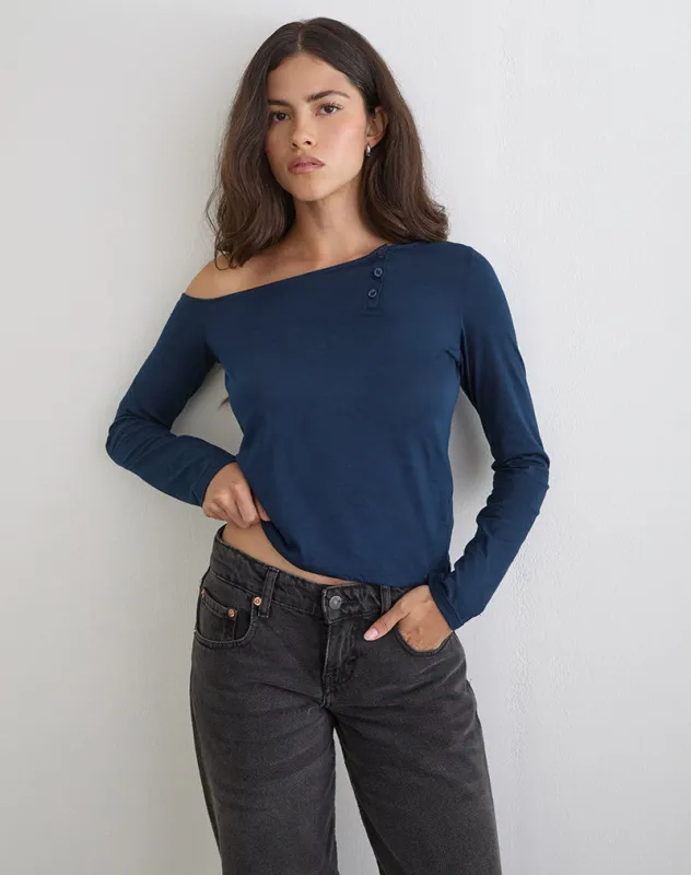 Tole Asymmetric Button Up Top in Tissue Jersey Dark Navy made by Motel Rocks
