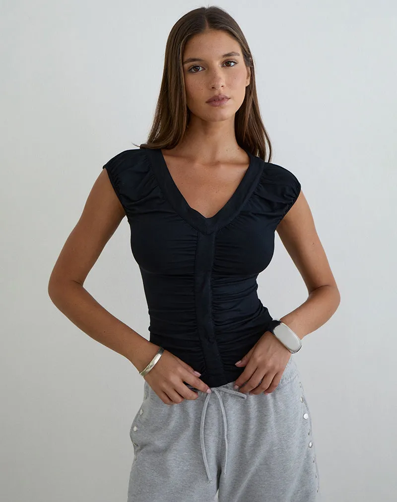 Atheia Gathered V-Neck Top in Rayon Jersey Black sold by Motel Rocks product image thumbnail 2