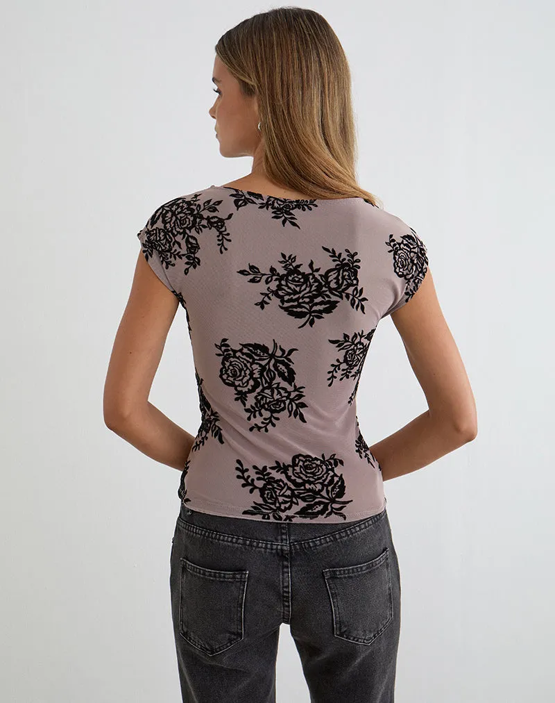 Nova Top in Taupe Grey with Bold Floral Flock sold by Motel Rocks product image thumbnail 4